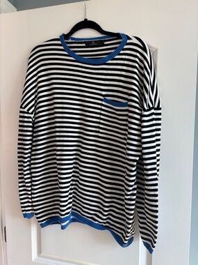 Striped Black and White Knit Sweater with Blue Trim
